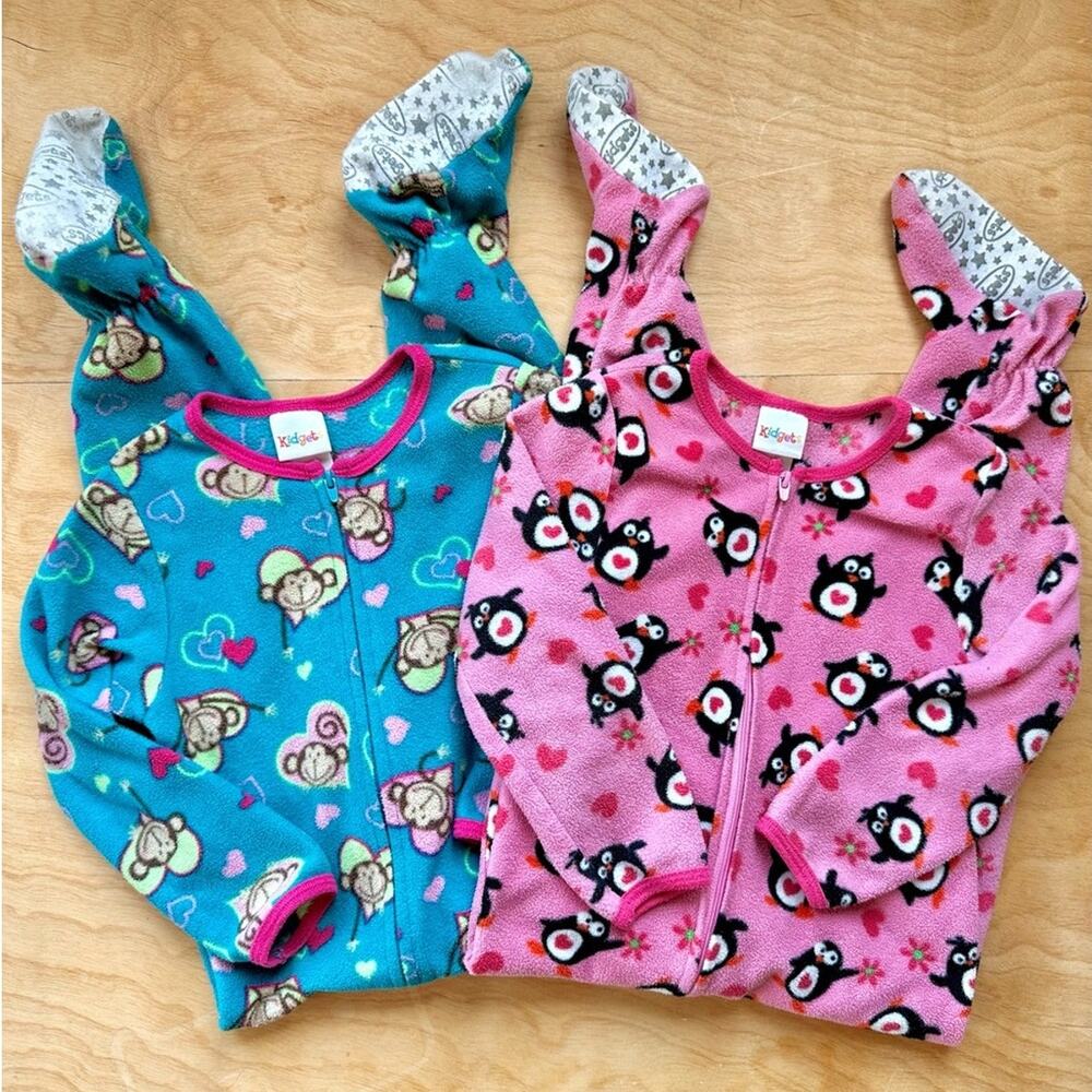 Vintage Kidgets Girls 4T Fleece Footie Pajama Bundle Monkey Penguin